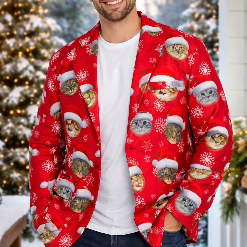 Ugly Christmas Blazer Santa Cats‎ | Size XXL | Holiday Party Suit Coat | Dec 25